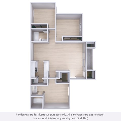 Floor plan for 3 beds, 1 bath, 1043 sqft
